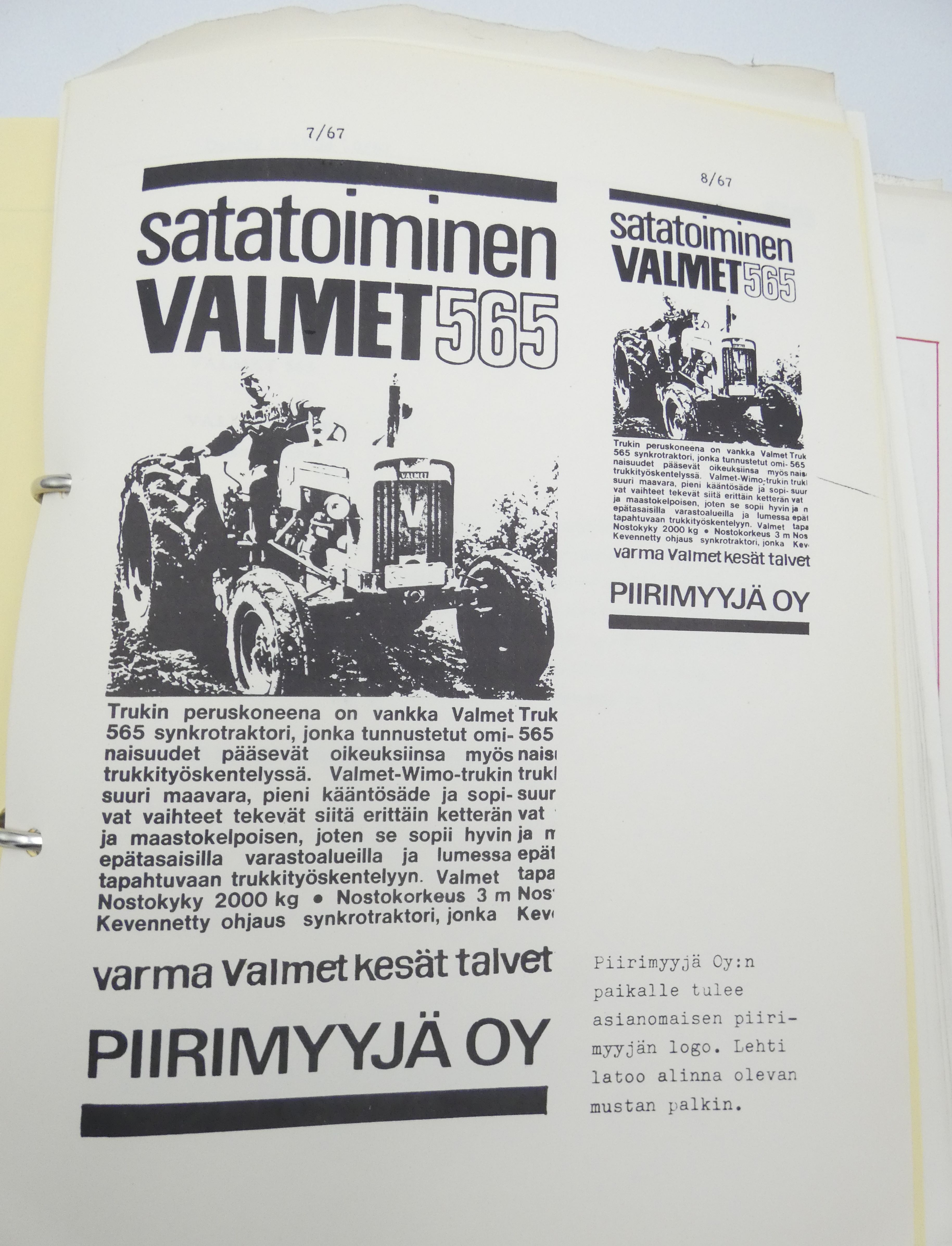 Valmet 565 ja muita 60-luvun Valmet -mallien esitteitä