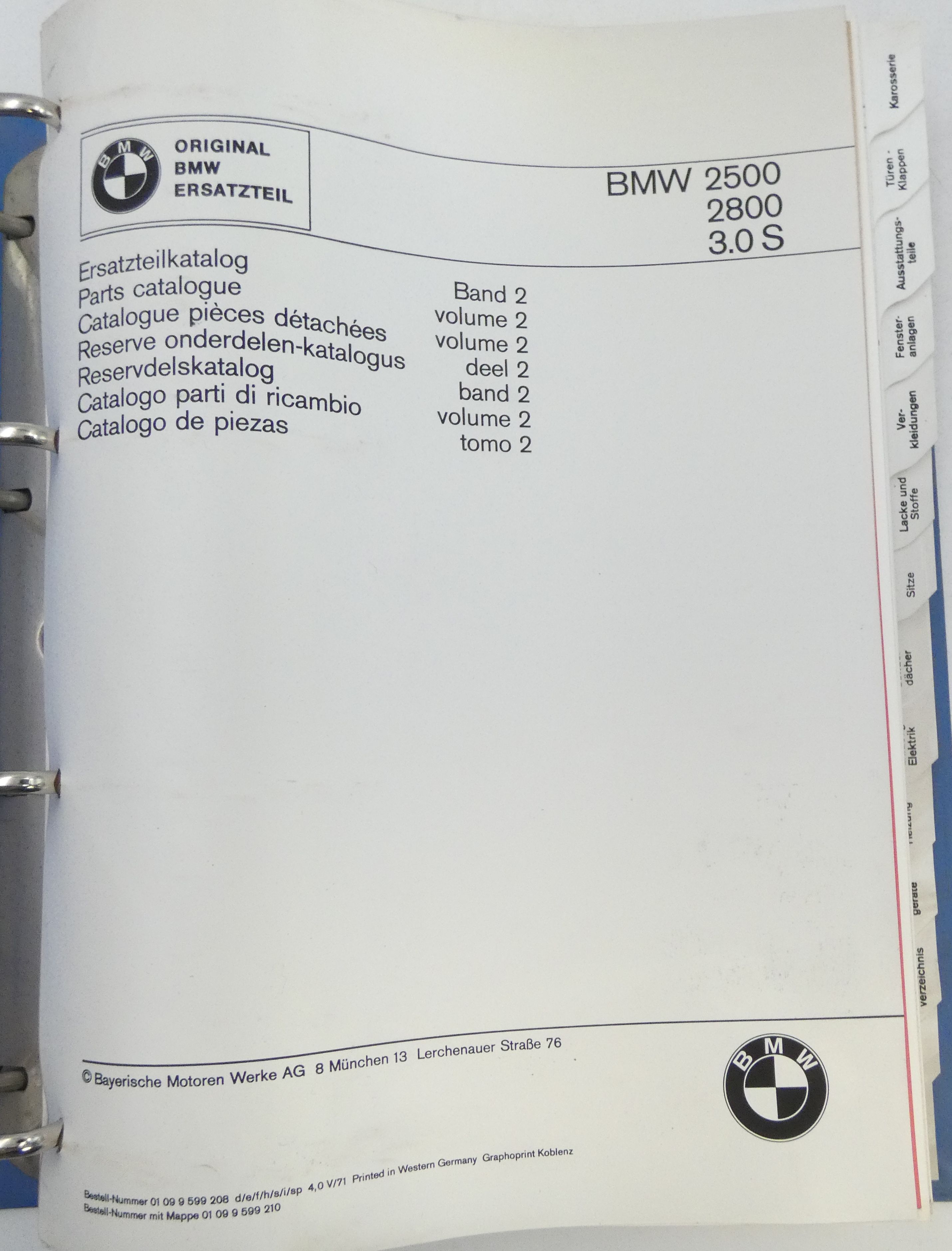 BMW 2500, 2800, 3.0S parts catalogue