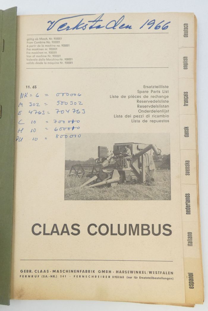 Claas Columbus spare parts list