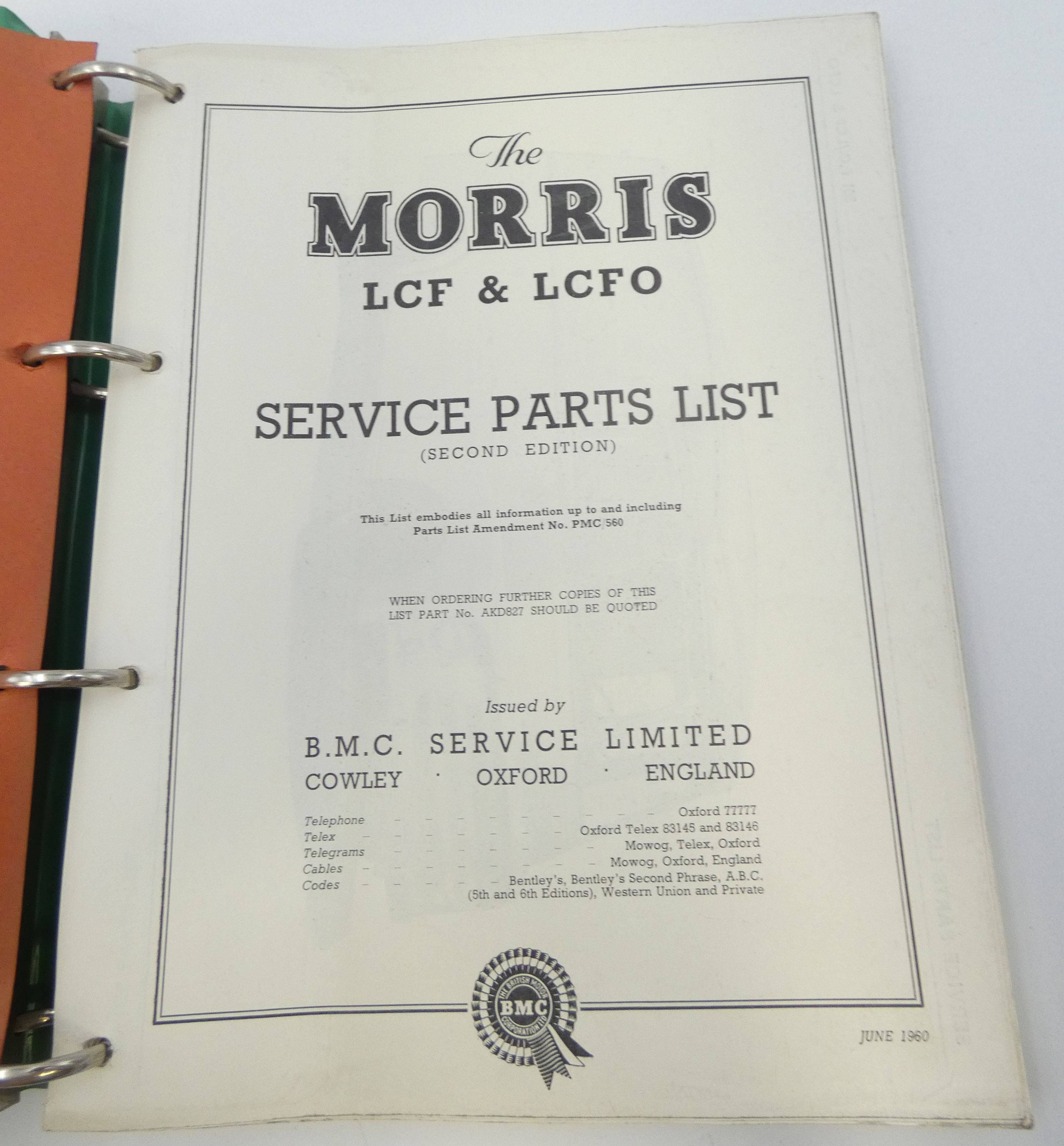 The Morris LCF and LCFO vehicles service part list