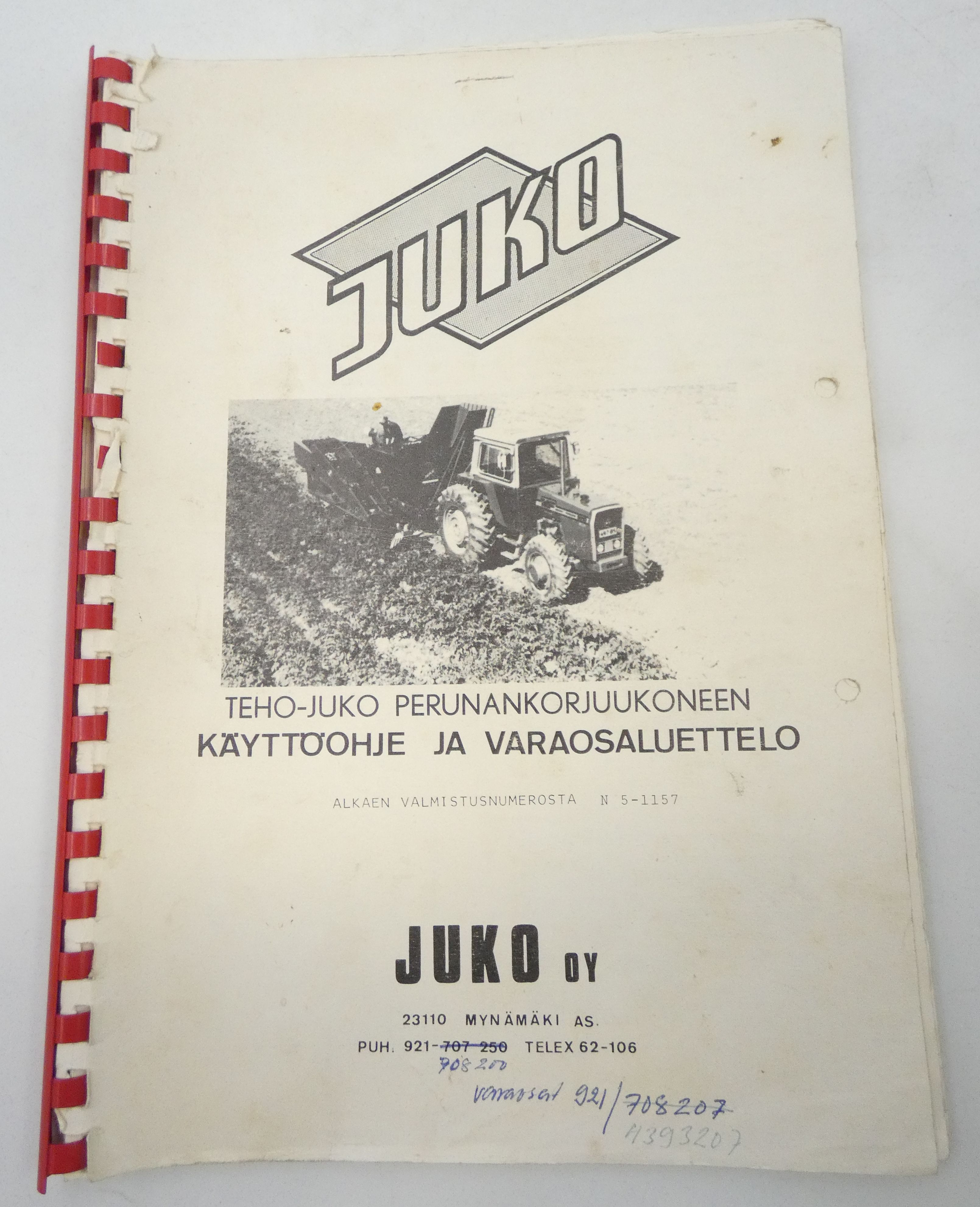 Juko Teho-Juko perunankorjauskoneen käyttöohje ja varaosaluettelo