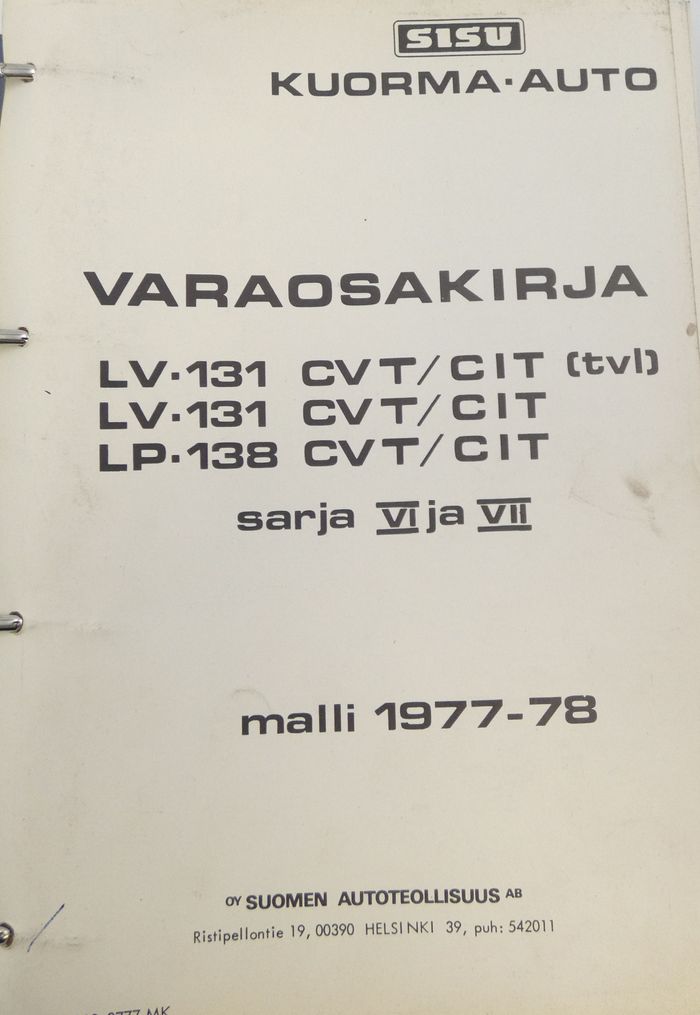 Sisu LV-131 CVT/CIT(tvl), LV-131 CVT/CIT, LP-138 CVT/CIT sarjat 6. ja 7 malli 1977-1978 varaosakirja.