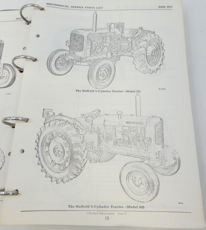 Nuffield tractor models 3DL, 342, 10/42, 4DM, 460, 10/60 service parts list