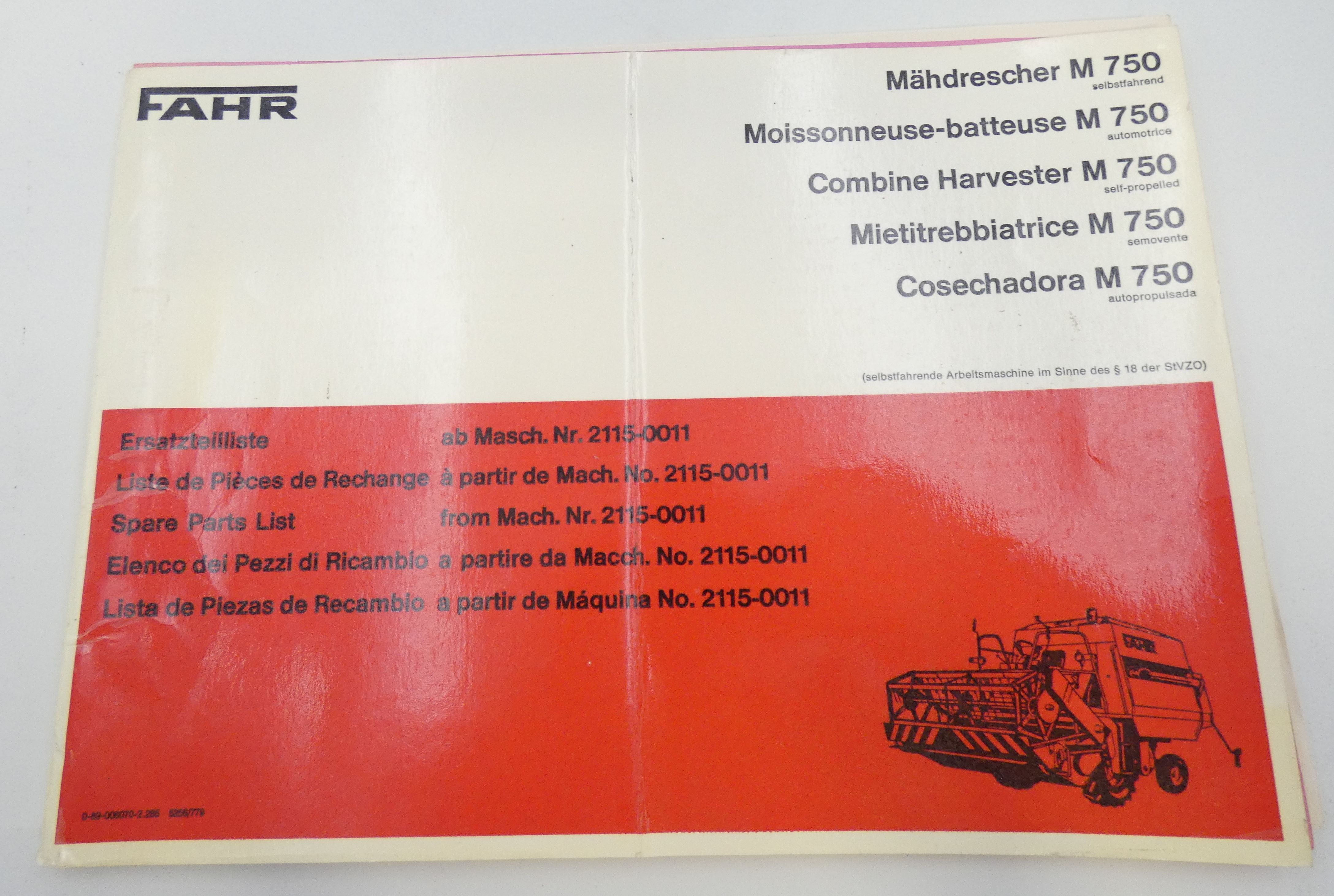 Fahr M750 combine harvester spare parts list