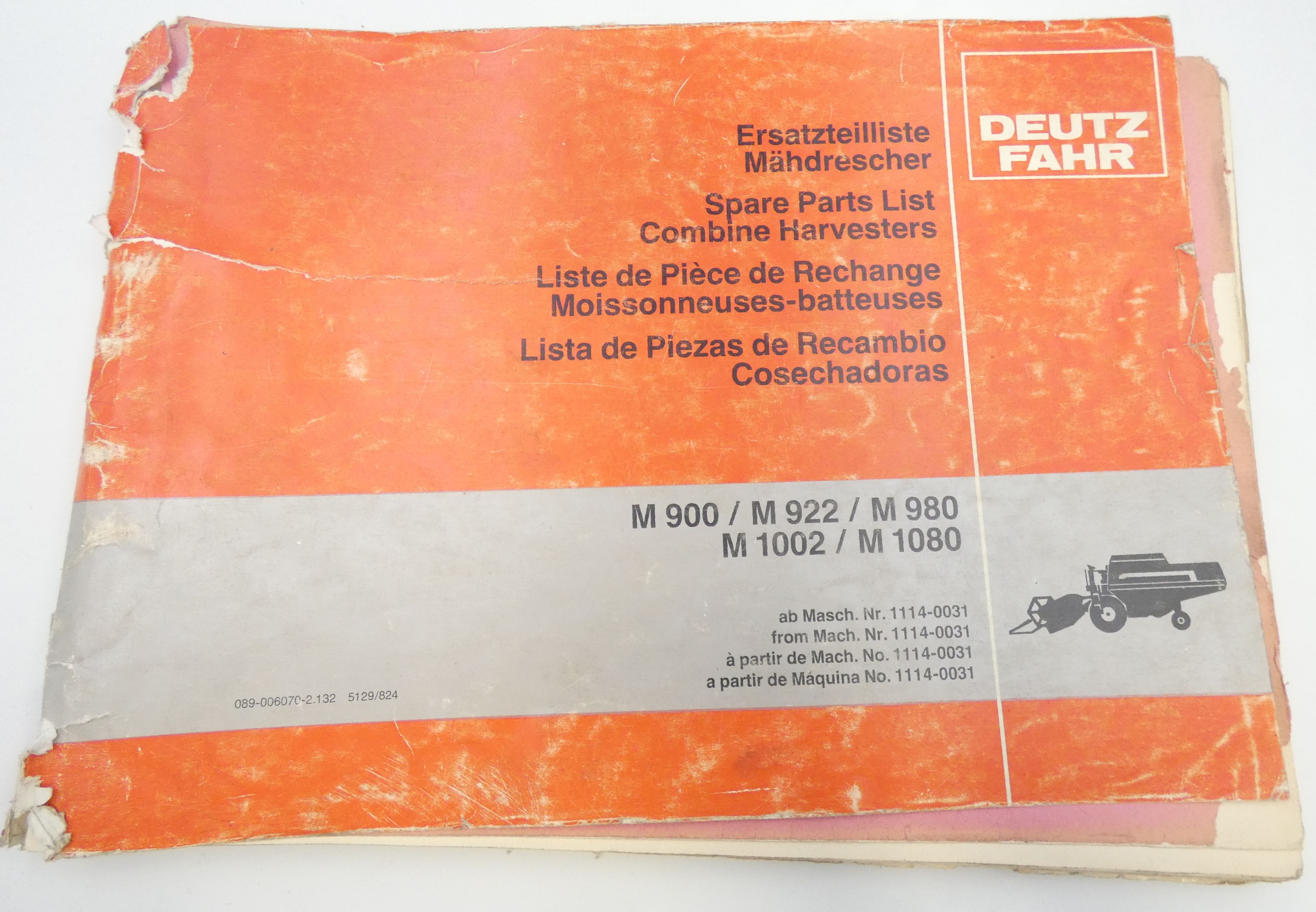 Deutz-Fahr M900, M922, M980, M1002, M1080 combine harvesters spare parts list