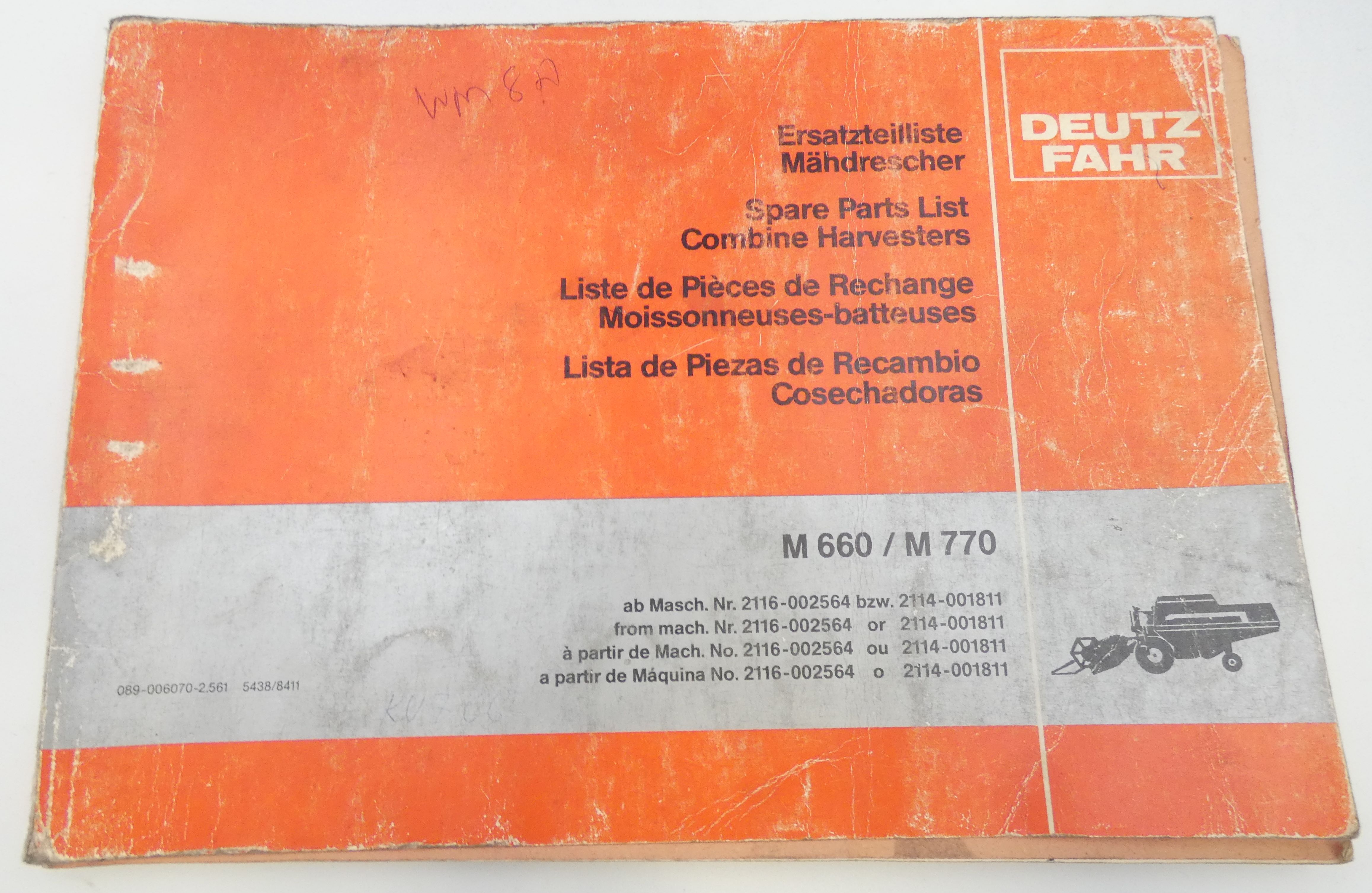 Deutz-Fahr M660, M770 combine harvester spare parts list