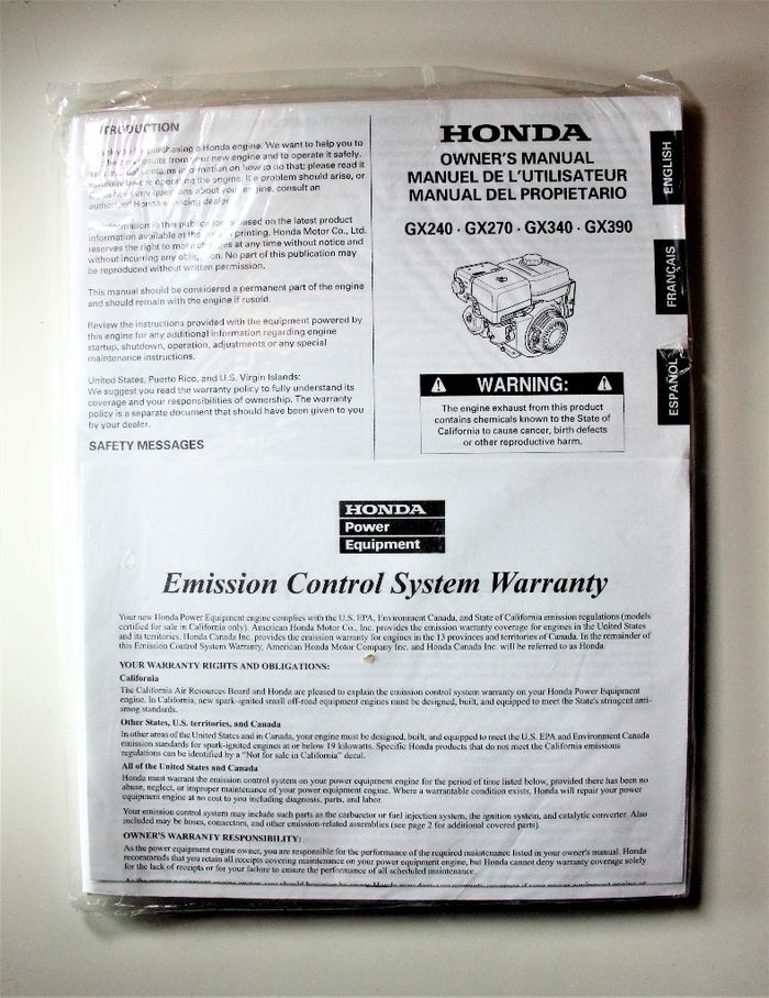 Honda GX240 GX270 GX340 GX390 Owners manual