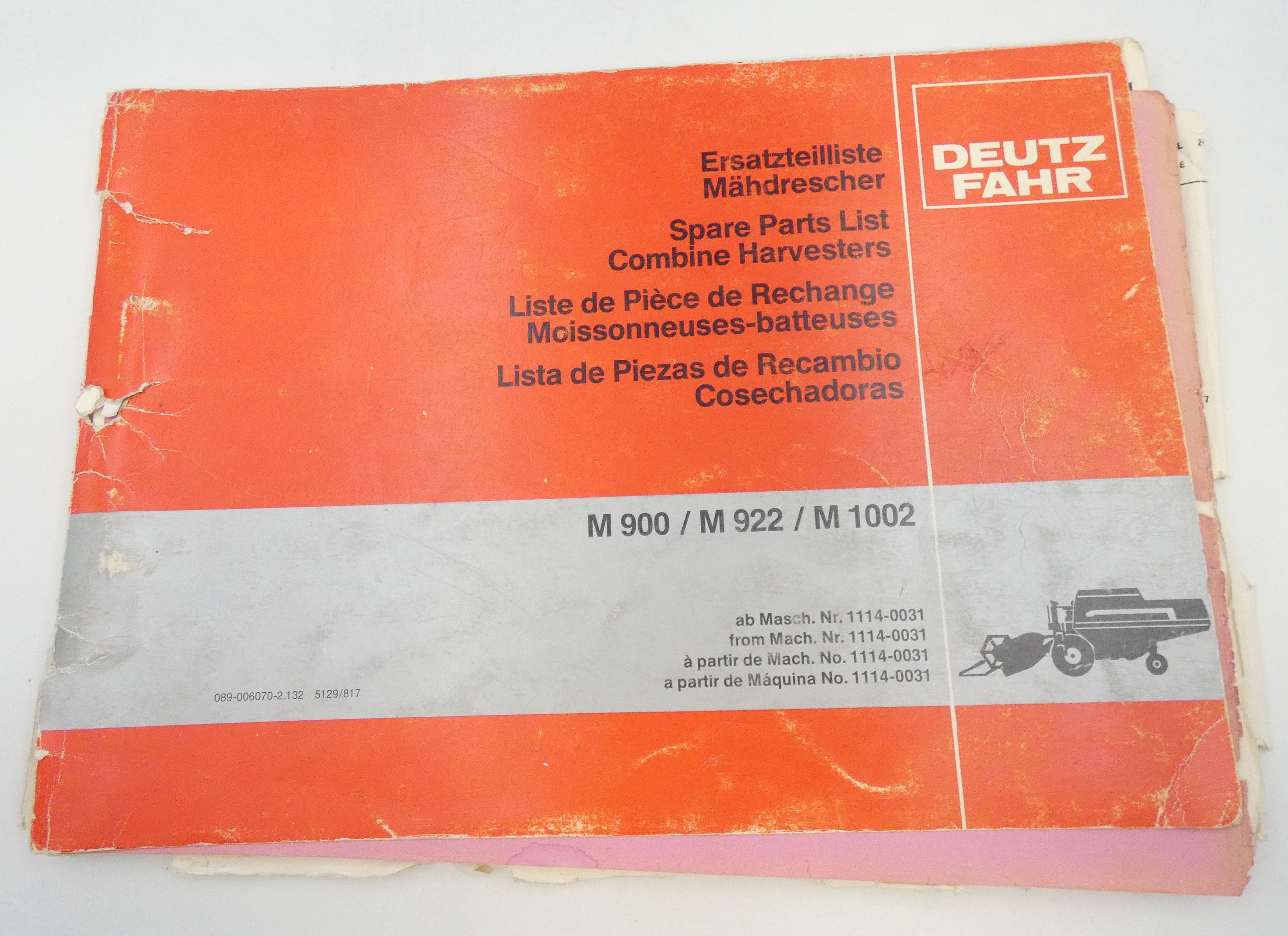 Deutz-Fahr M900, M922, M1002 combine harvesters spare parts list