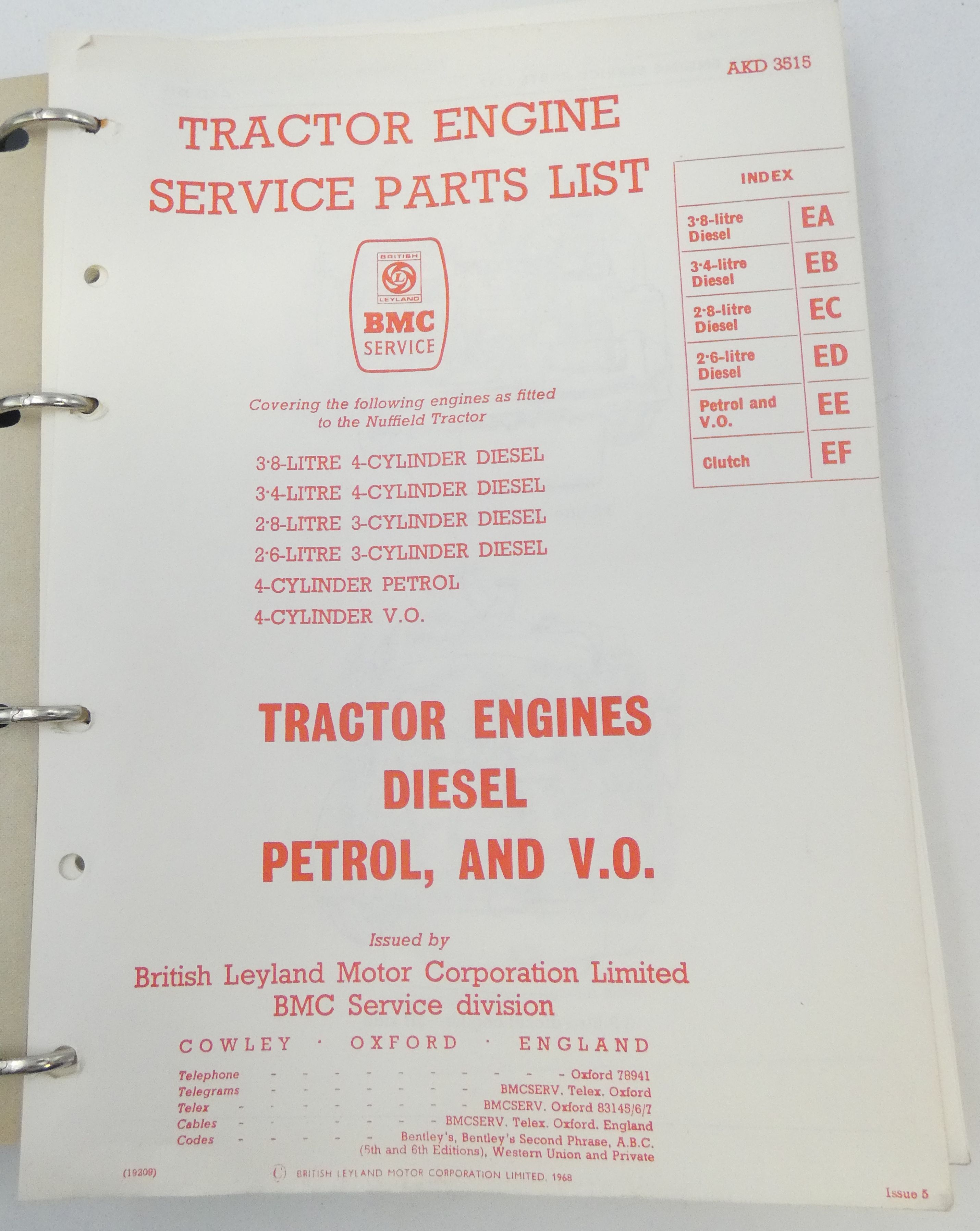 Leyland BMC tractor engines diesel petrol and V.O. service parts list