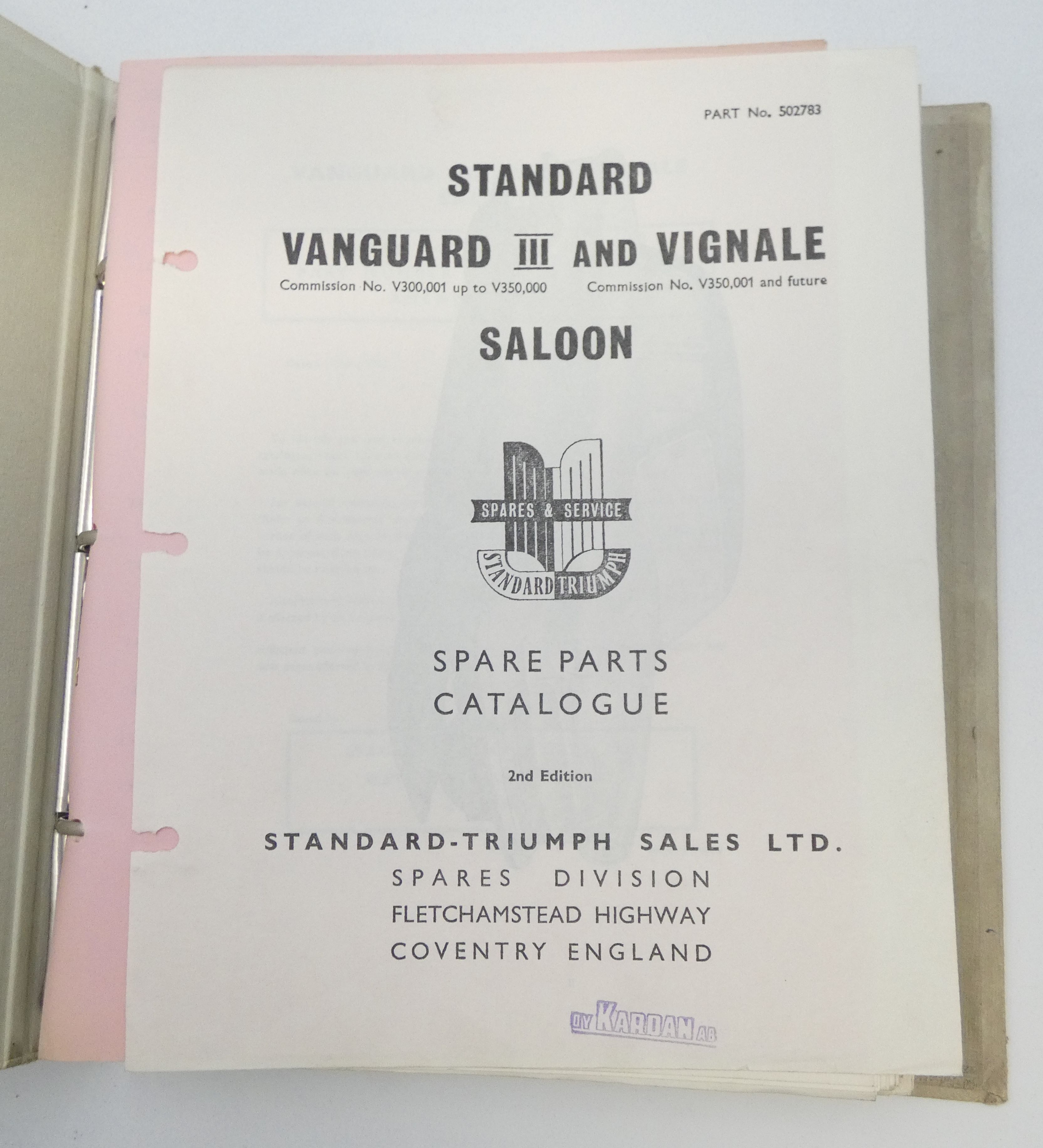 Standard Vanguard III and Vignale saloons spare parts catalogue