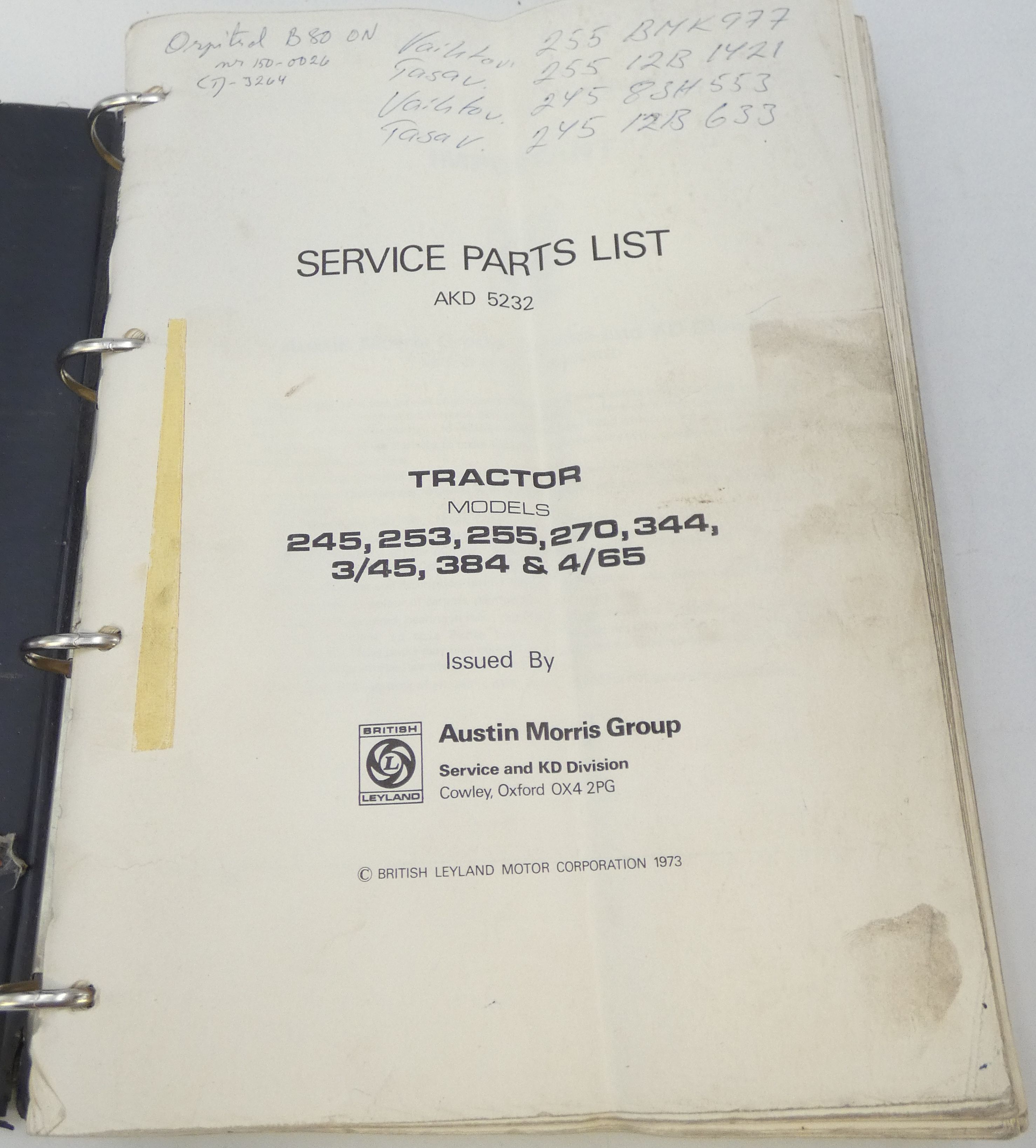 Leyland Austin Morris tractor models 245, 253, 255, 270, 344, 3/45, 384 & 4/65 service parts list