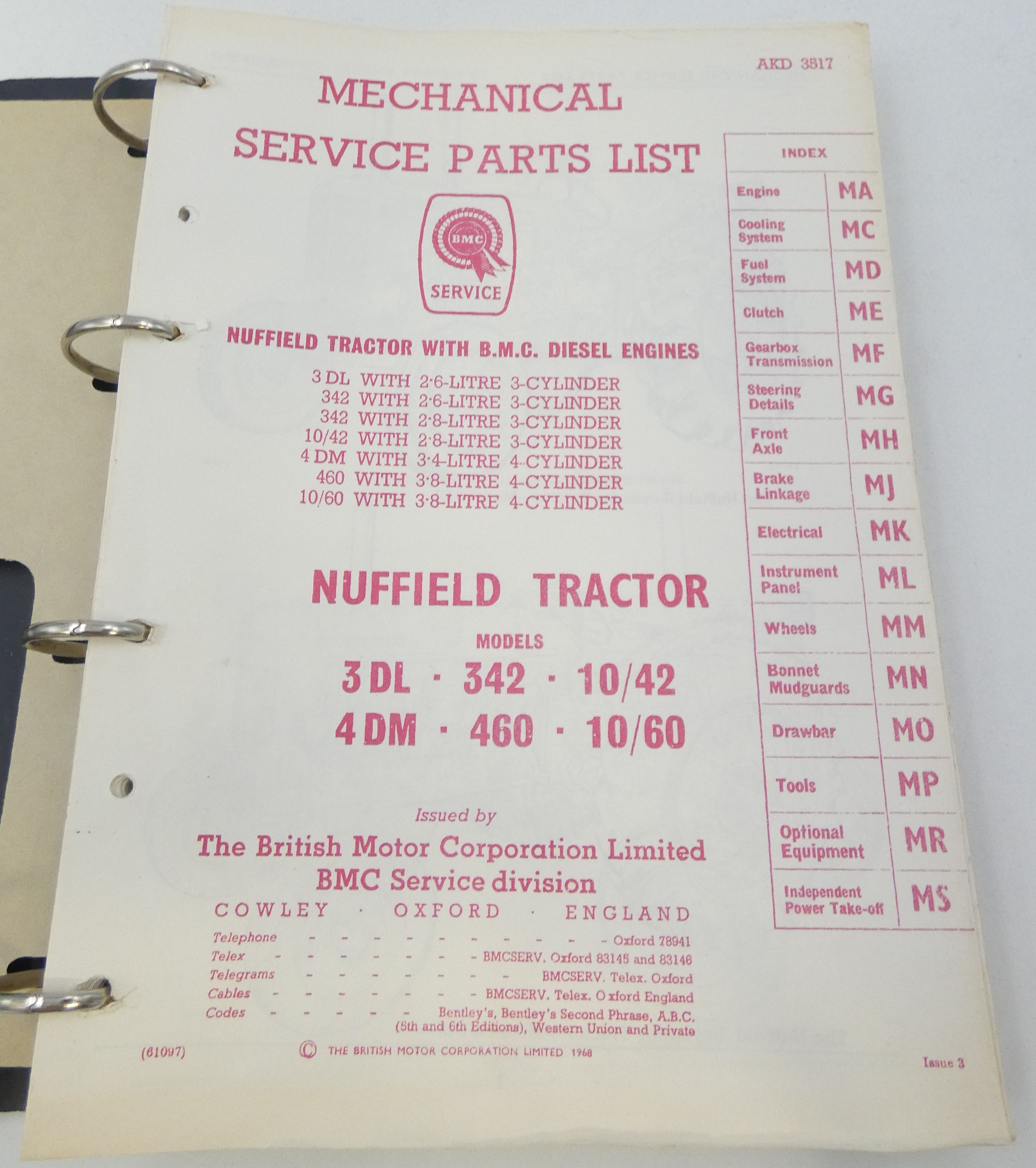 Nuffield tractor models 3DL, 342, 10/42, 4DM, 460, 10/60 service parts list