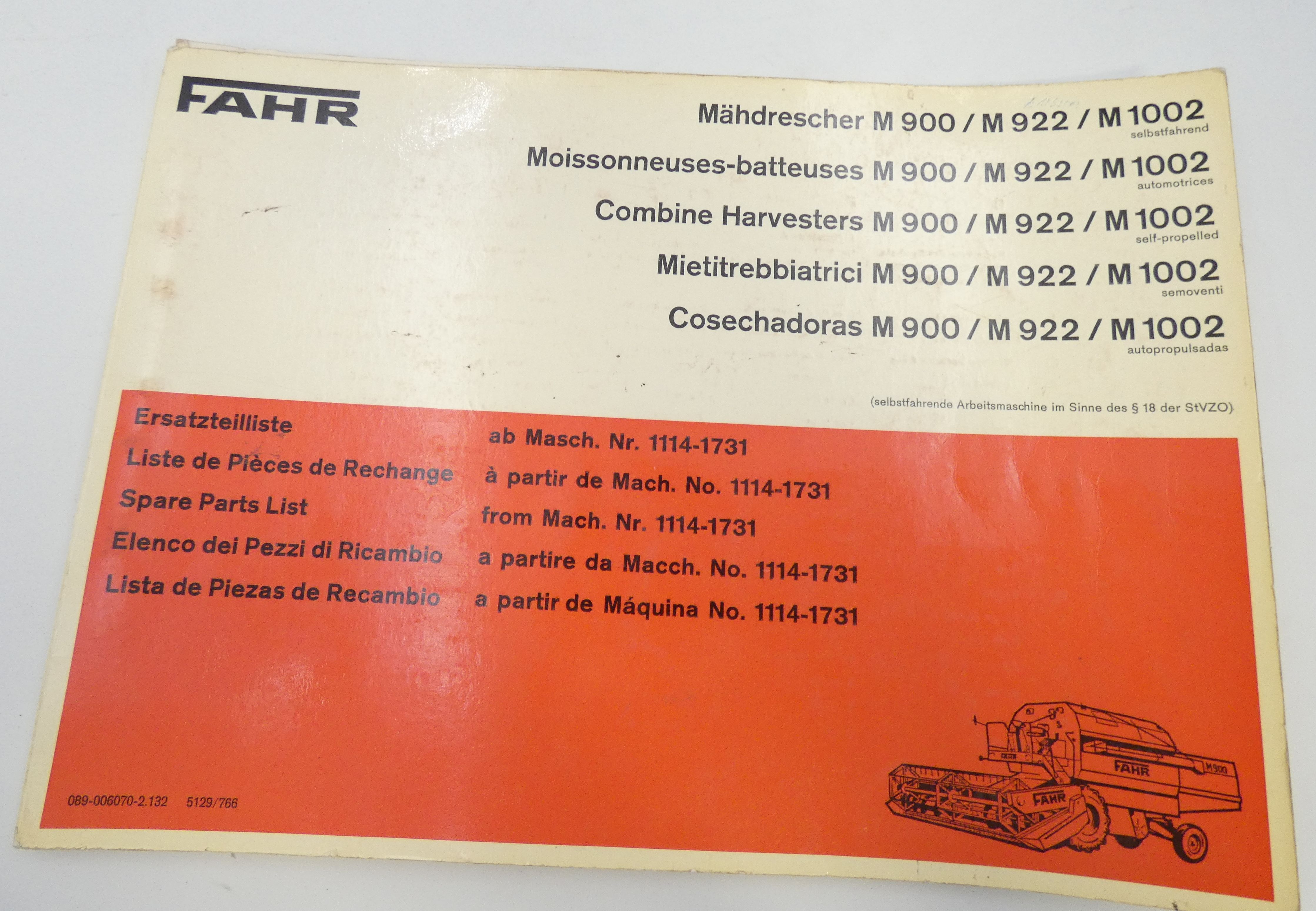 Fahr M900, M922, M1002 combine harvesters spare parts list