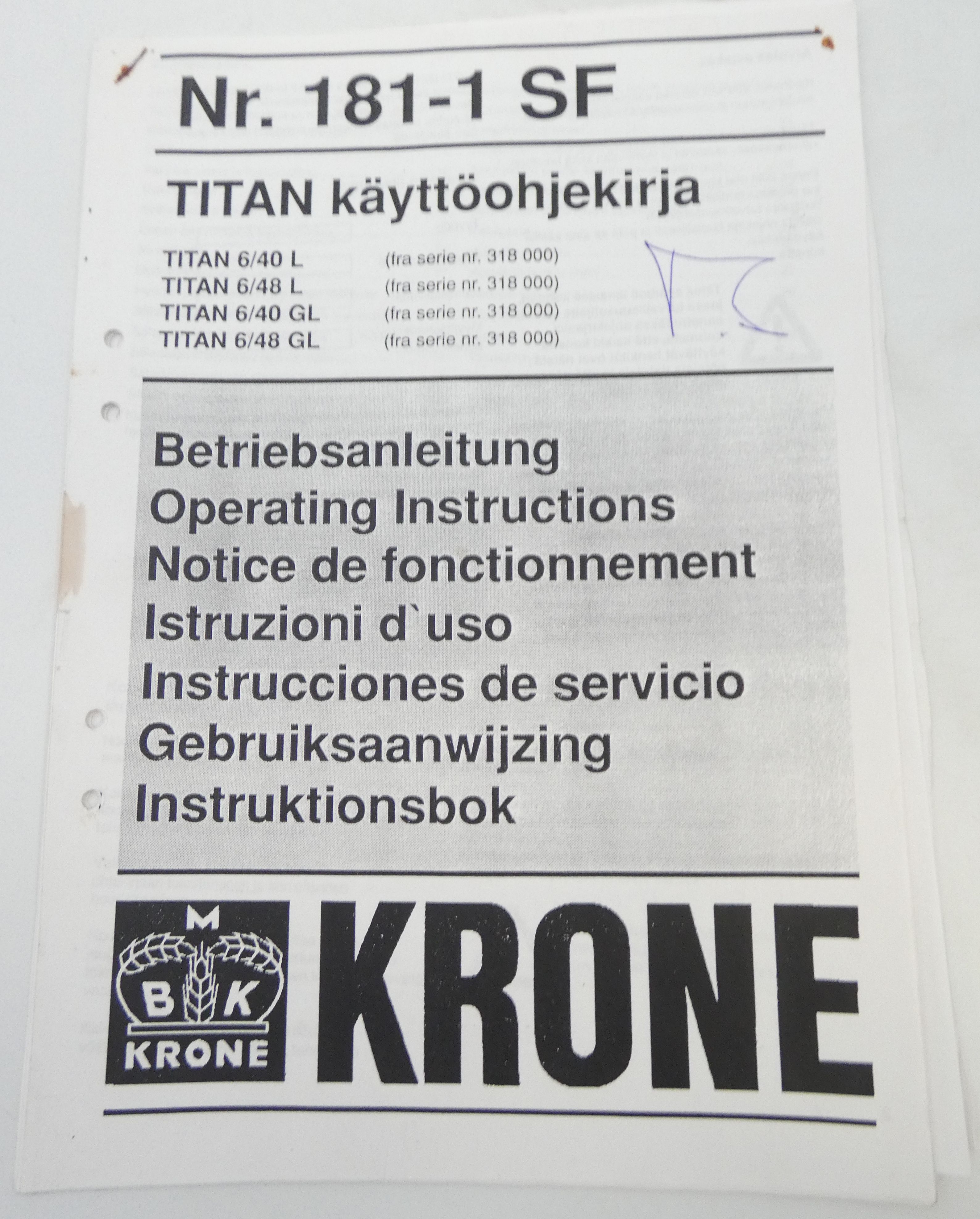 Krone Nr. 181-1 SF Titan 6/40 L, 6/48 L, 6/40 GL, 6/48 GL käyttöohjekirja
