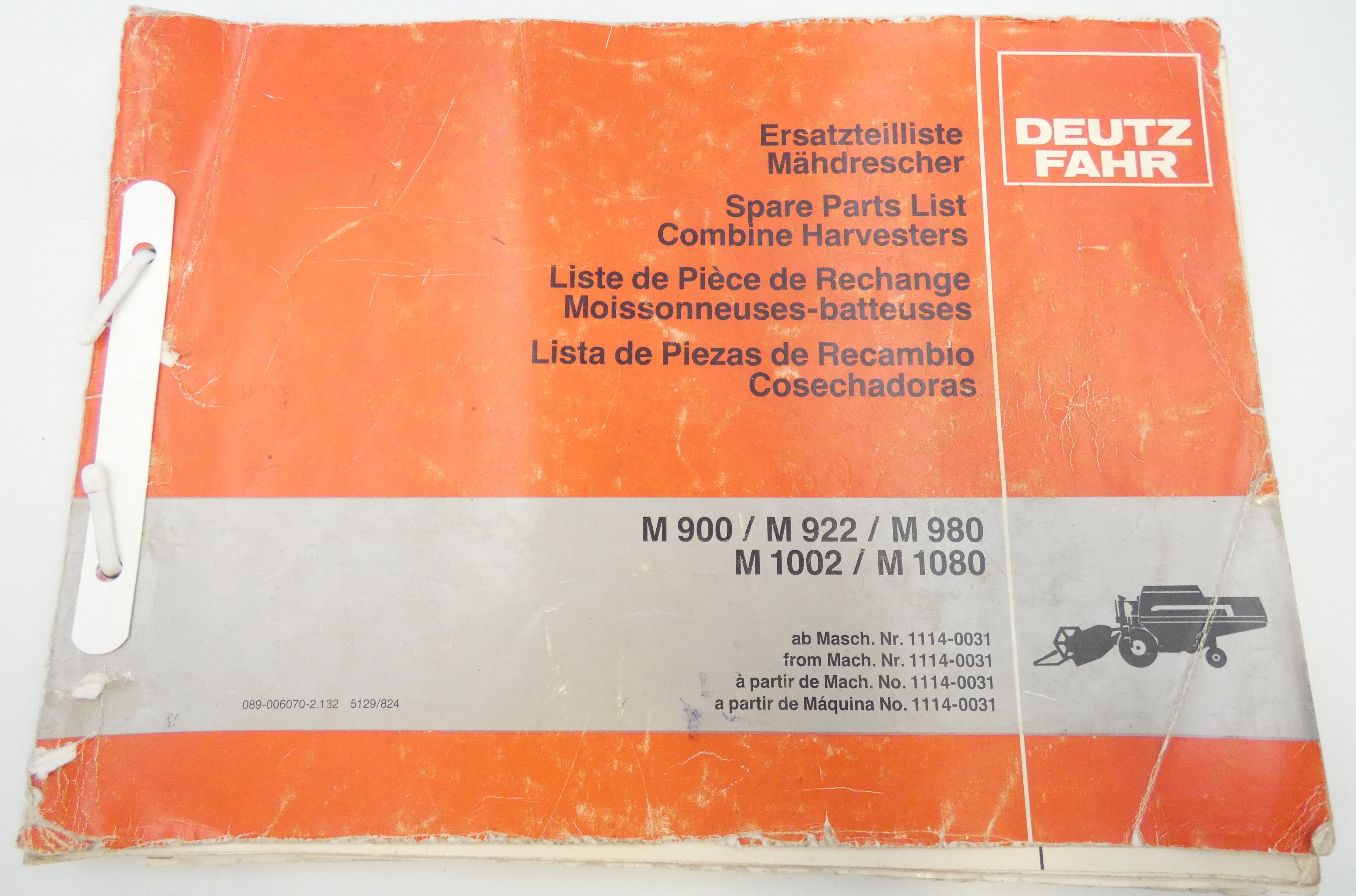 Deutz-Fahr M900, M922, M980, M1002, M1080 combine harvesters spare parts list