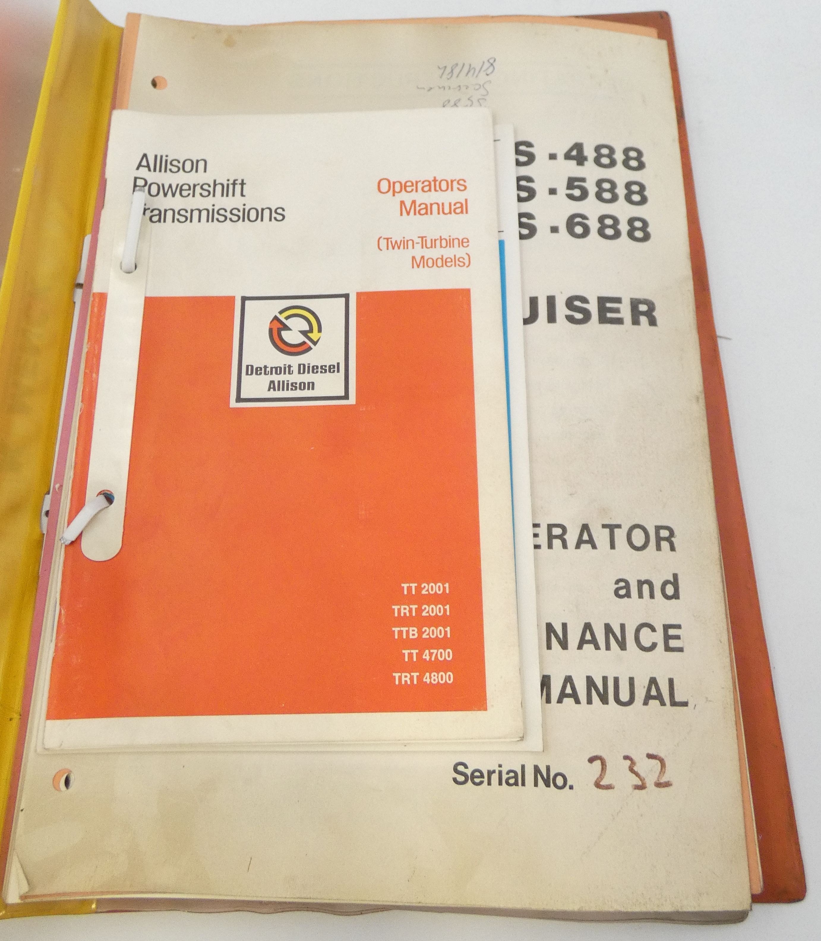 Allison powershift transmission operators manual + Model MS-488, -588, -688 telekruiser operator & maintenance manual
