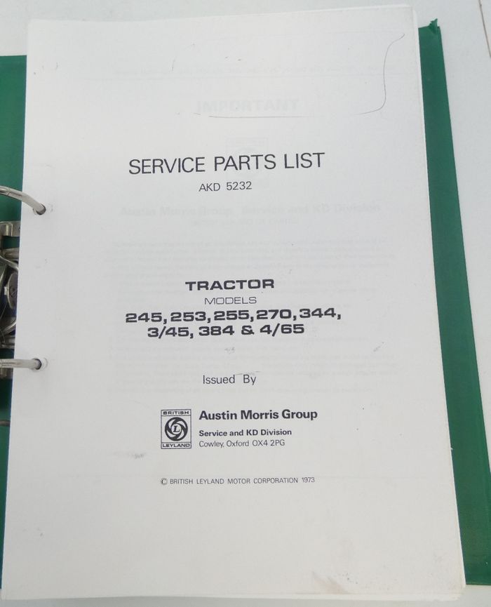 Leyland Austin Morris tractor models 245, 253, 255, 270, 3440 ,3/45,, 384 & 4/65 service parts list