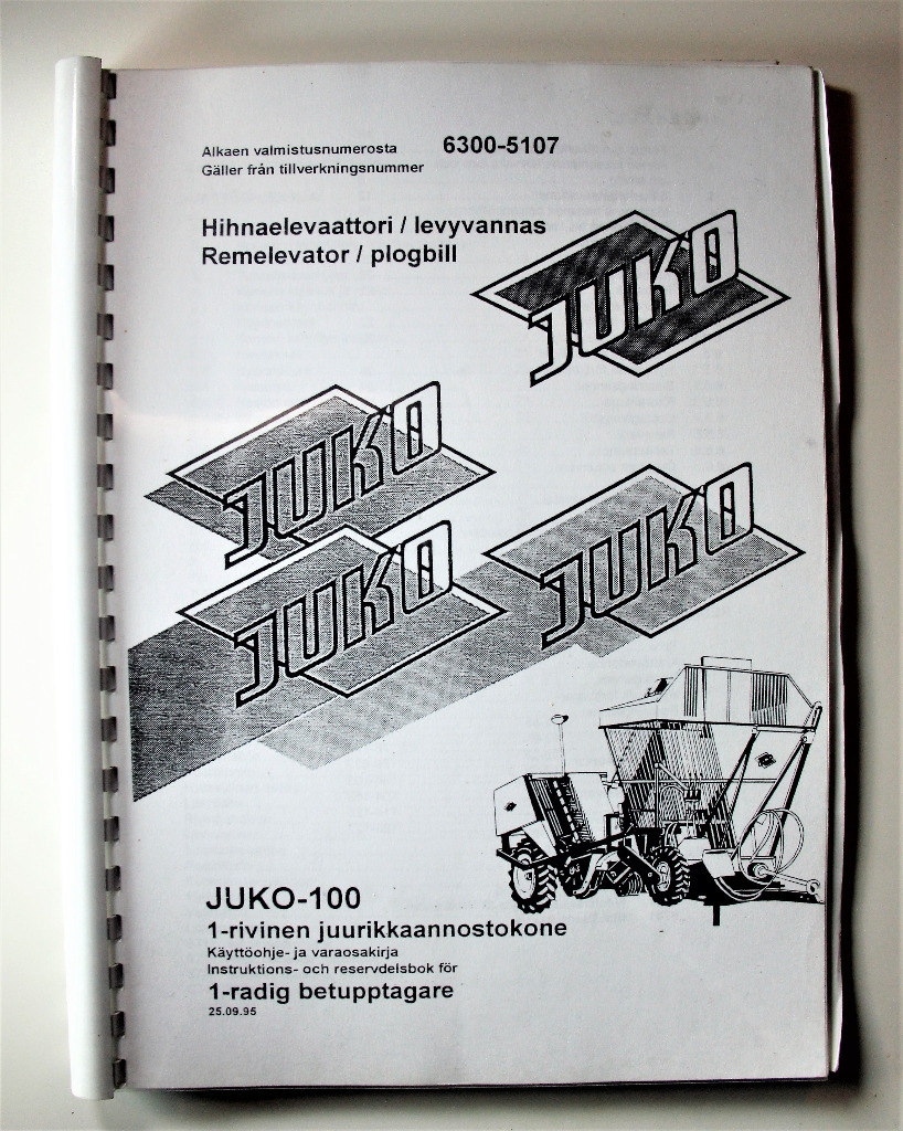 Juko-100 Hihnaelevaattori levyvannas 1-rivinen juurikkaannostokone Käyttöohje- ja varaosakirja
