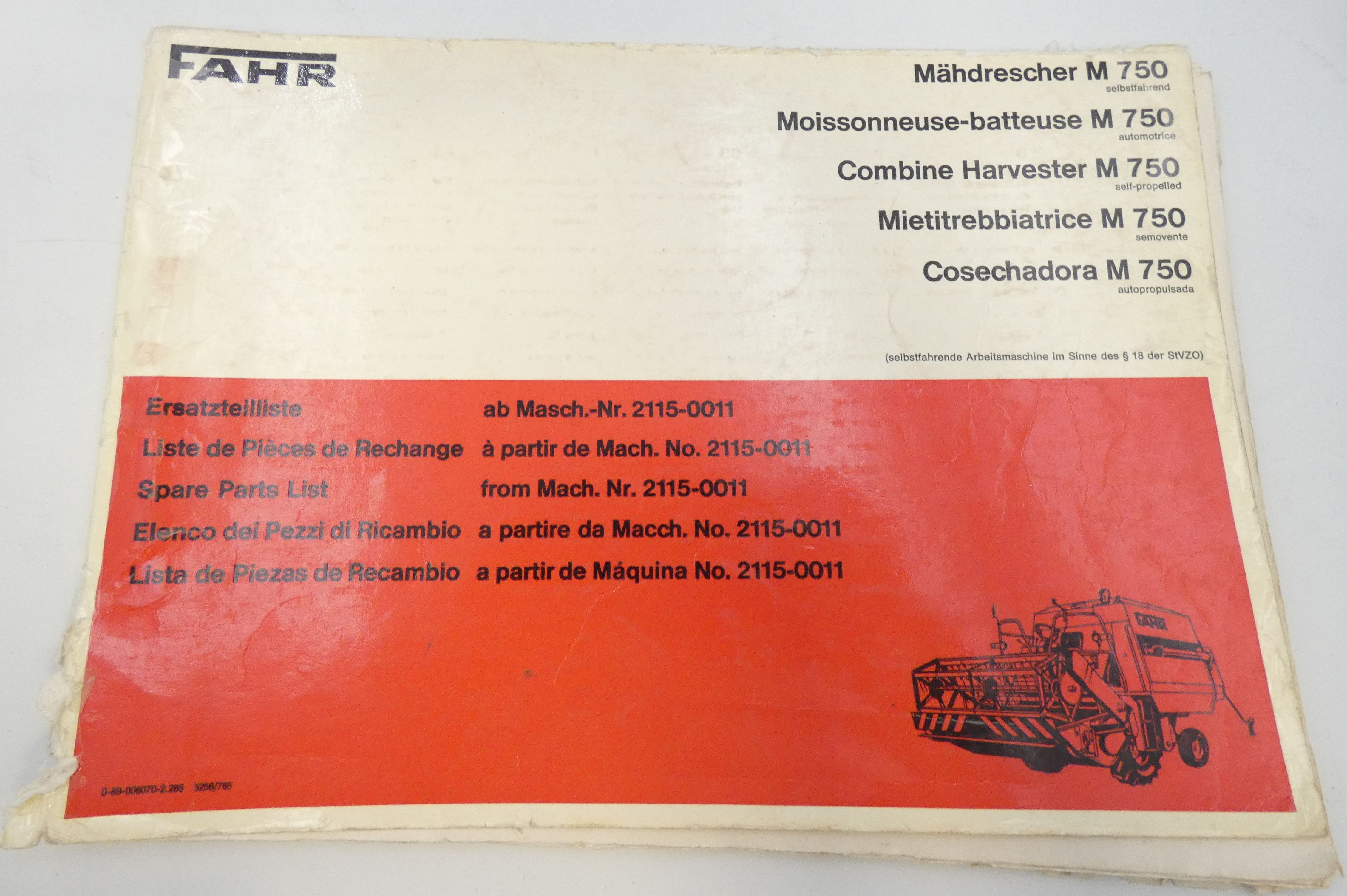 Fahr M750 combine harvester spare parts list