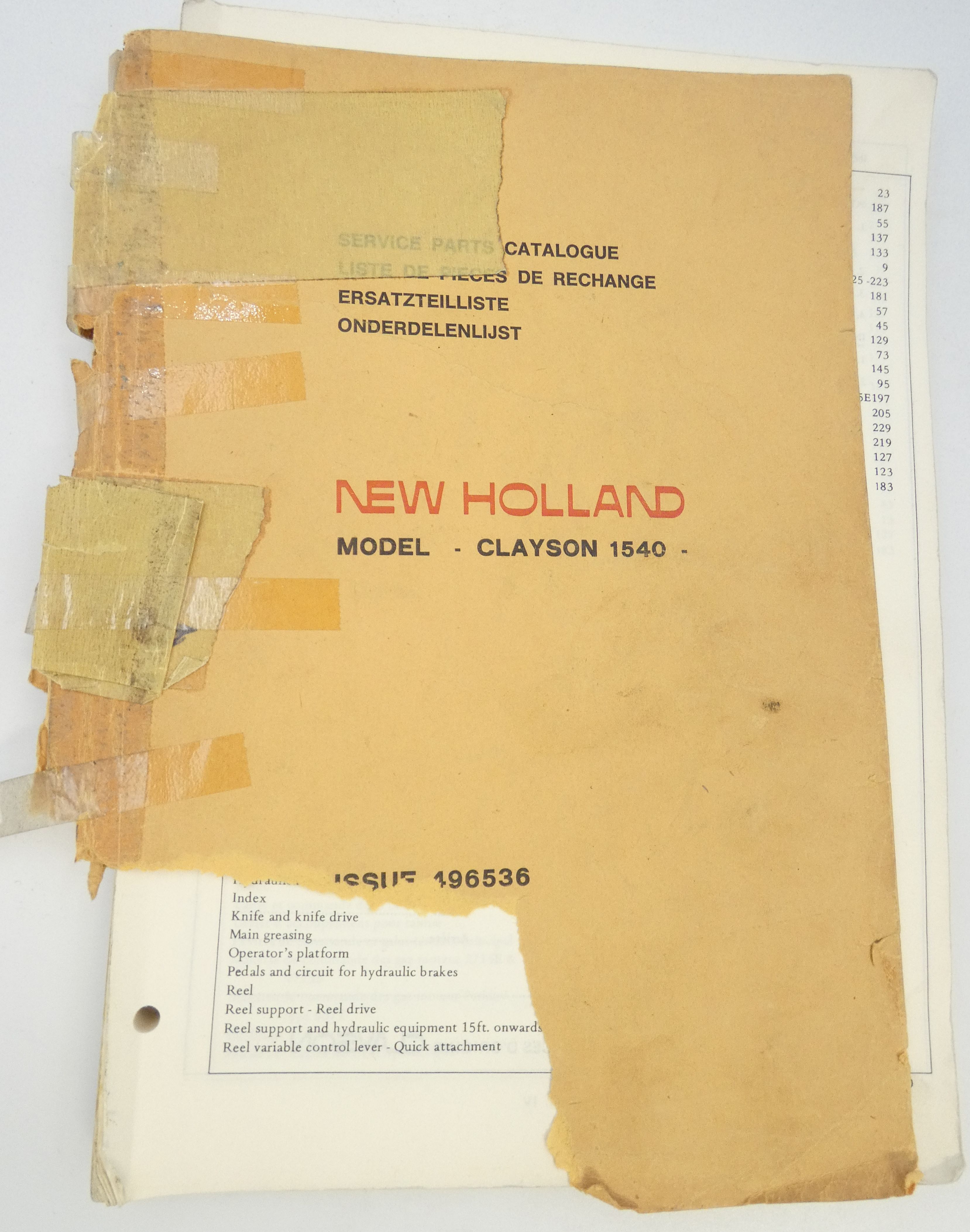 New Holland Model Clayson 1540 service parts catalogue