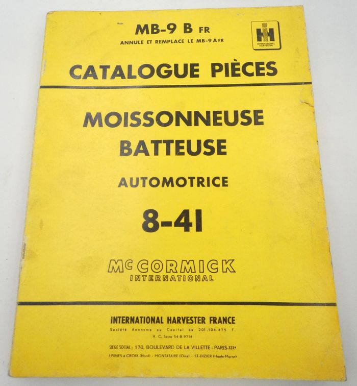 McCormick International Moissonneuse batteuse automotrice 8-41 catalogue pieces