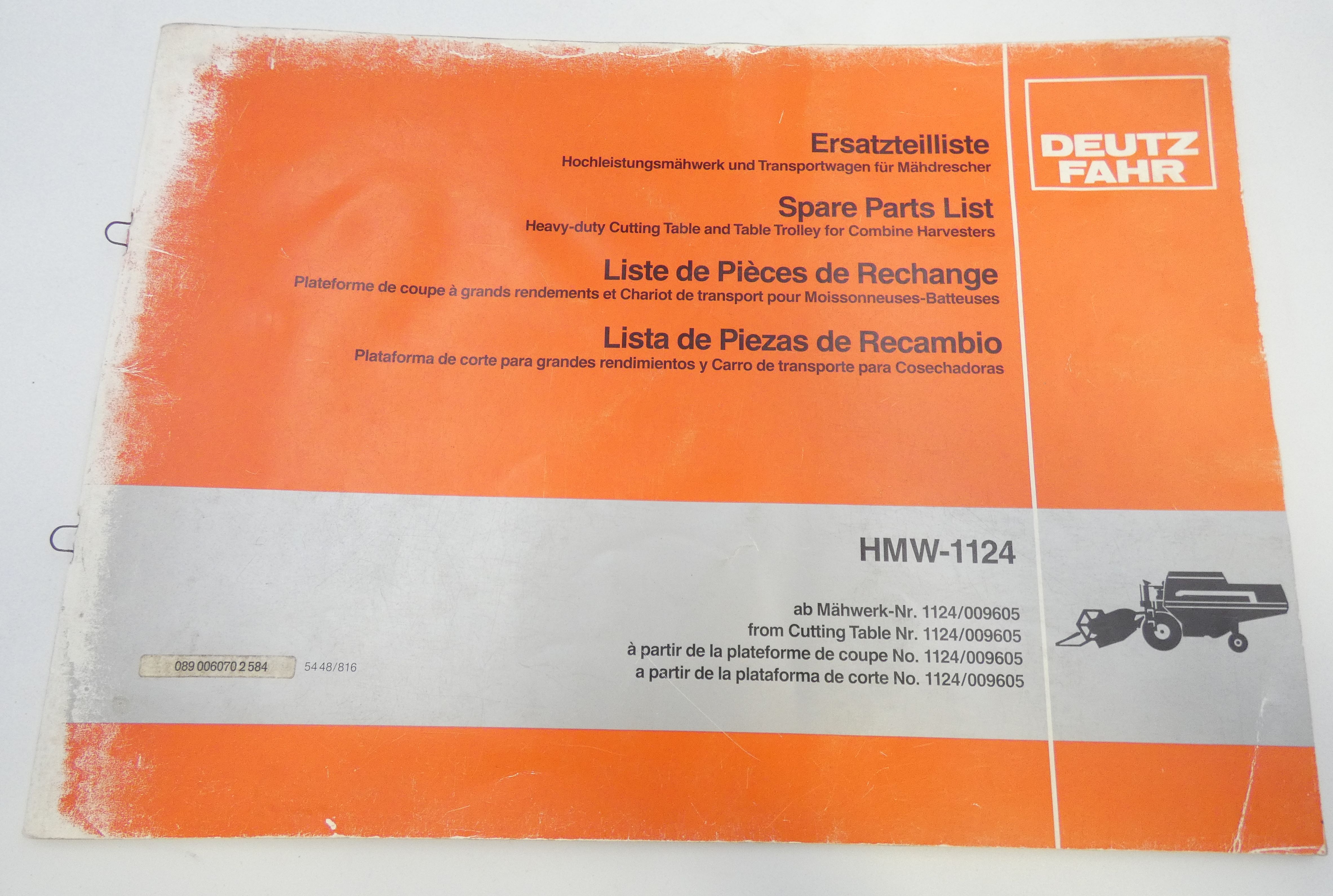 Deutz-Fahr HMW-1124 combine harvester spare parts list