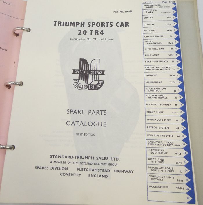 Triumph 20 TR4 sports car spare parts catalogue