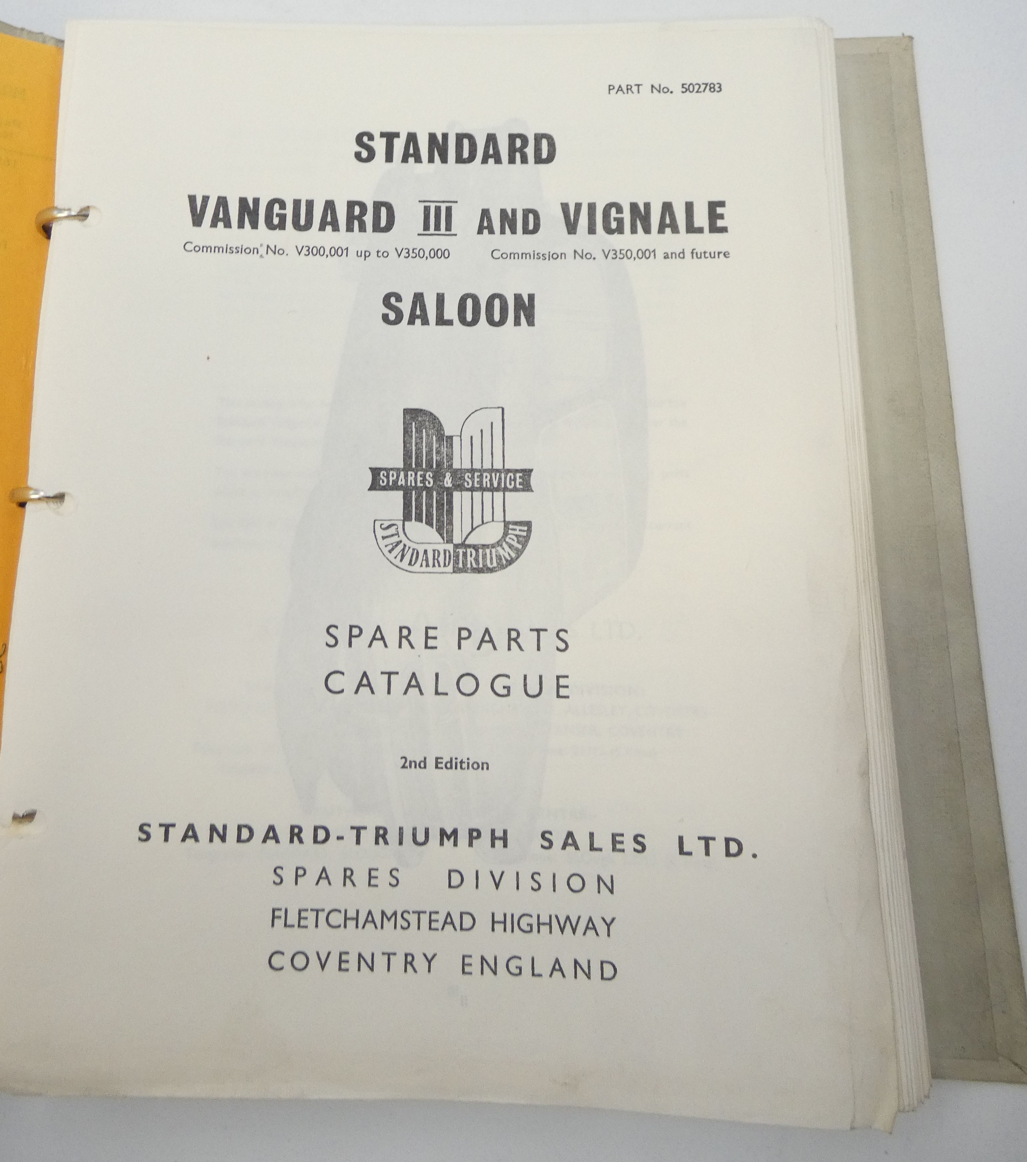 Standard Vanguard III and Vignale saloons spare parts catalogue