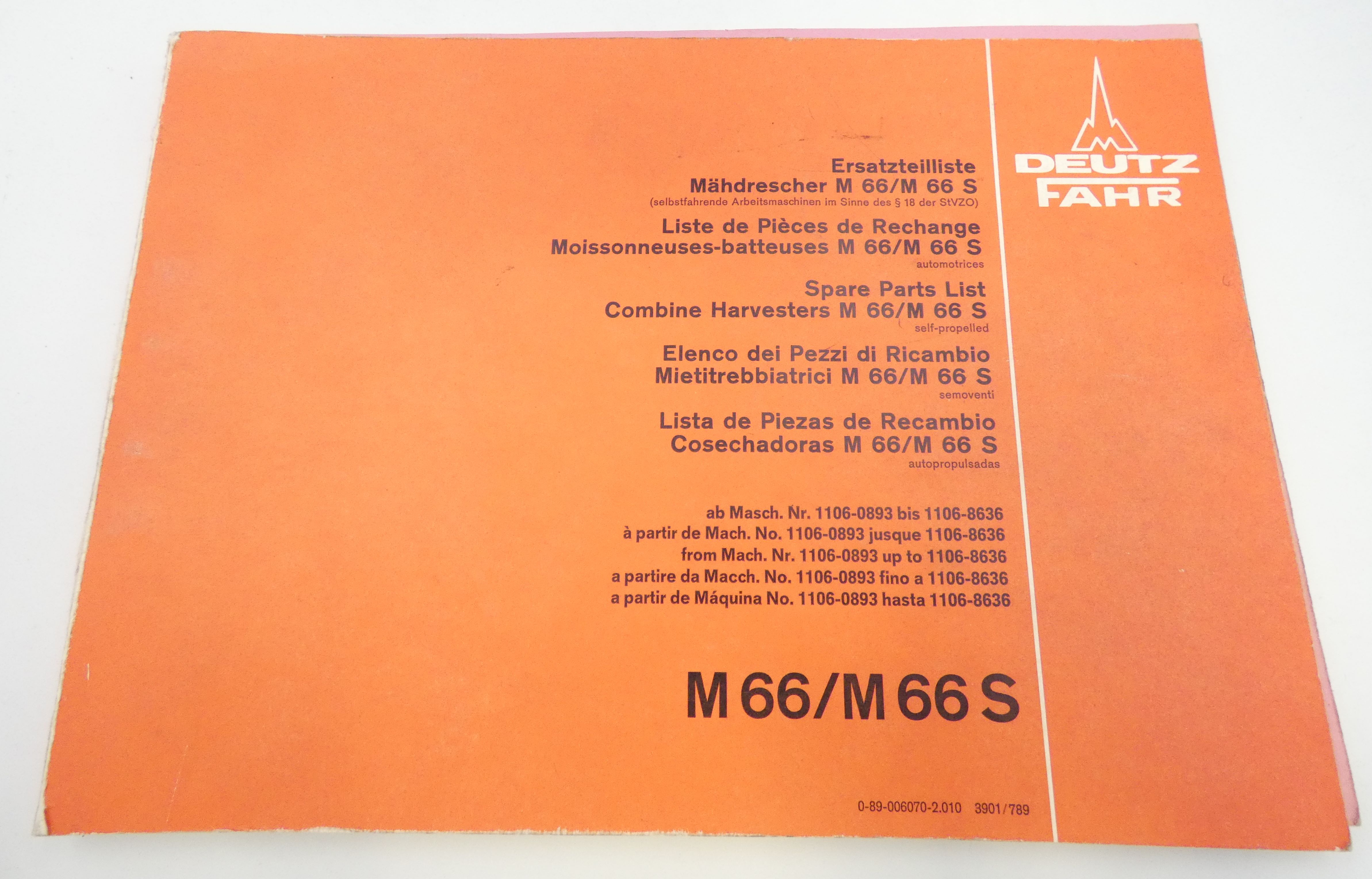 Deutz-Fahr combine harvesters M66 and M66S spare parts list