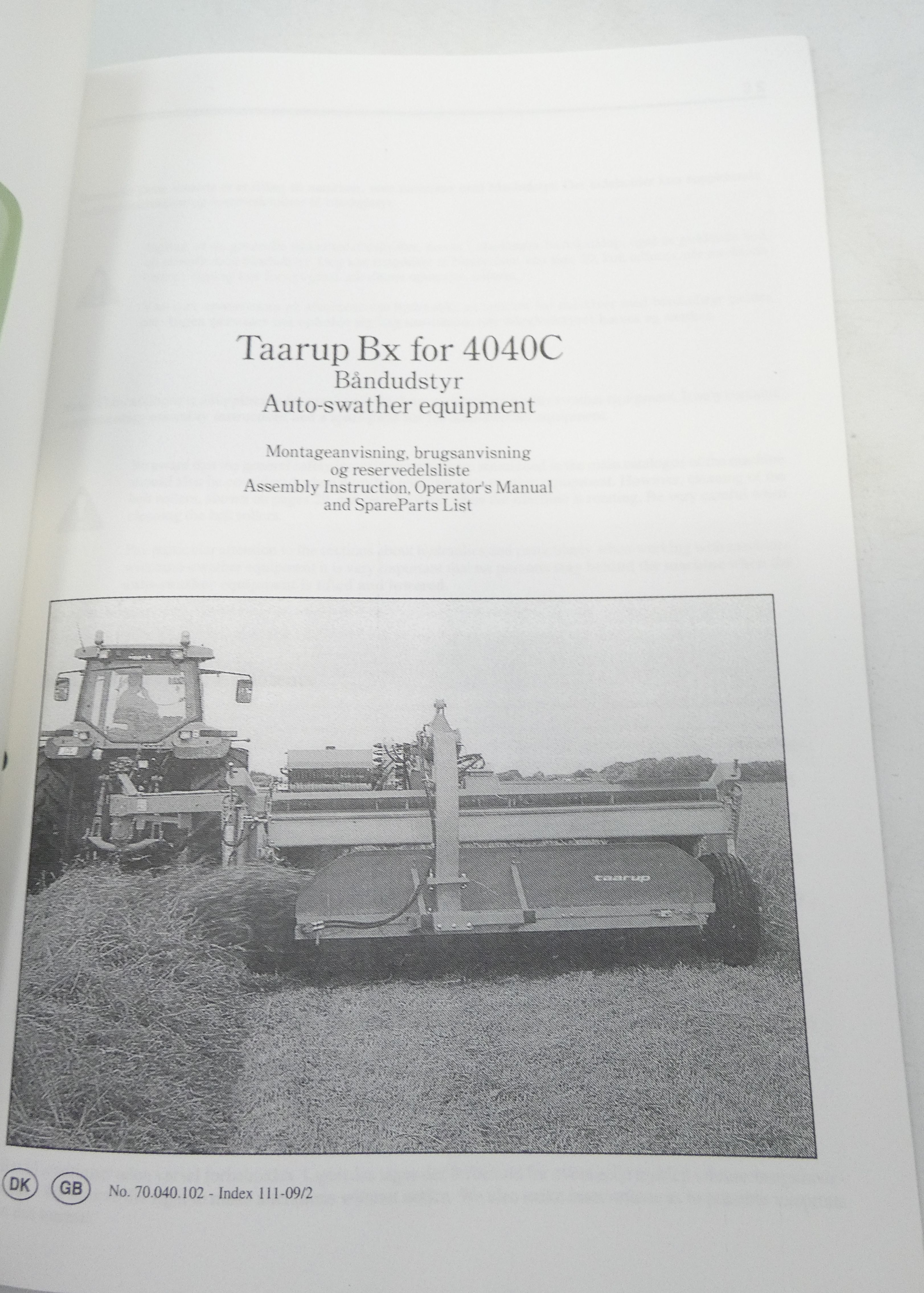 Taarup BX for 4040C auto-swather equipment assembly instruction, operator's manual
