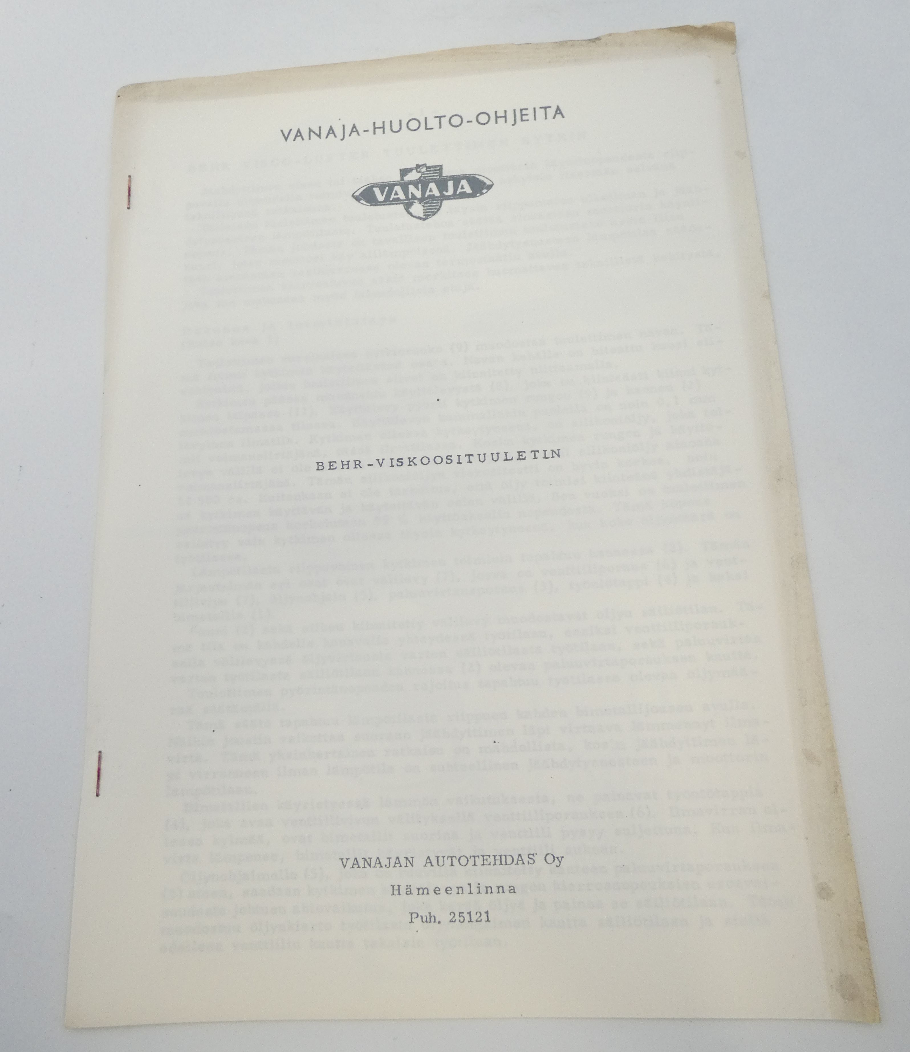 Vanaja Behr-viskoosituuletin huolto-ohjeita