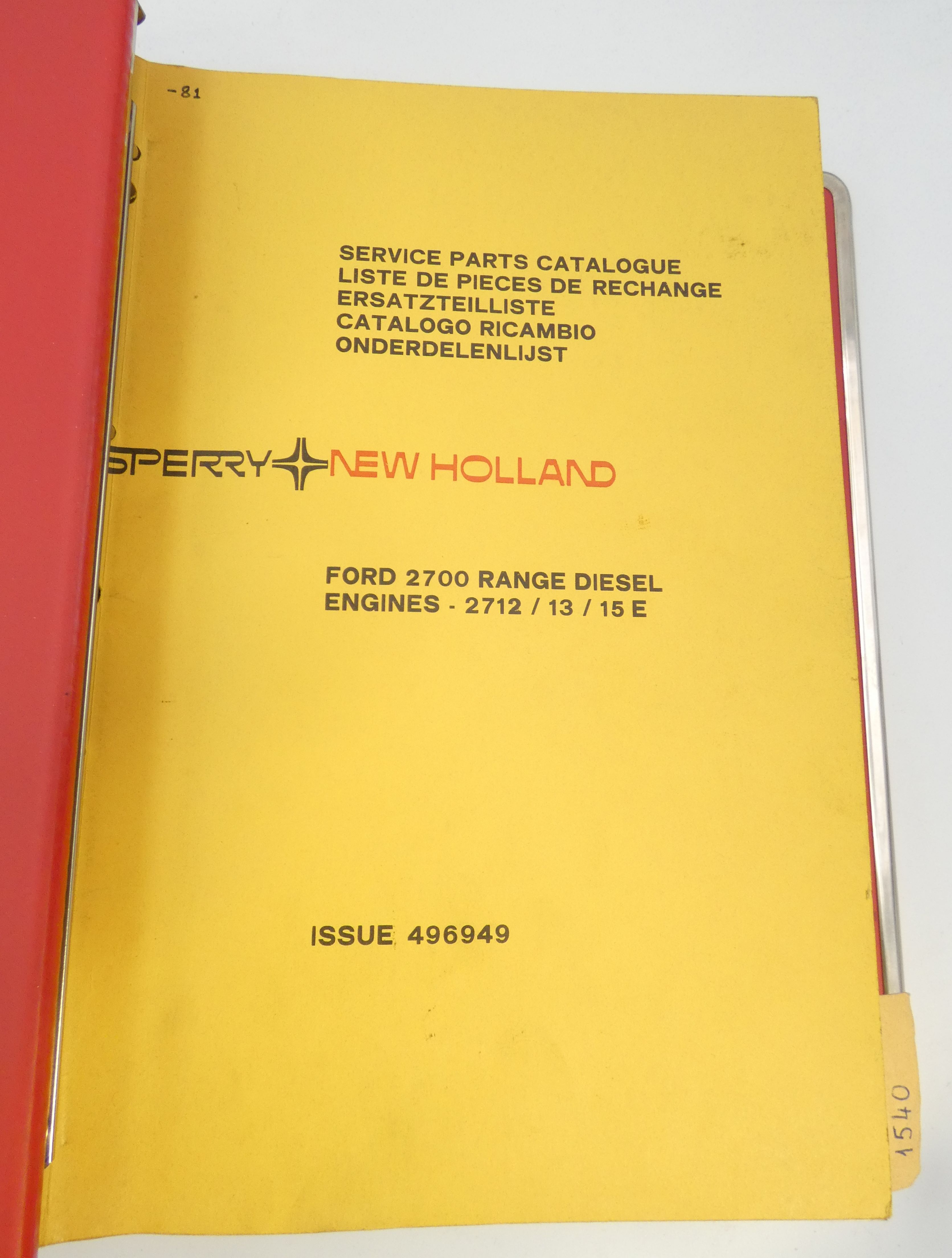 Ford 2700 Range Diesel engines, New Holland model Clayson 1450 and 1550 Super combine harvester service parts catalogue