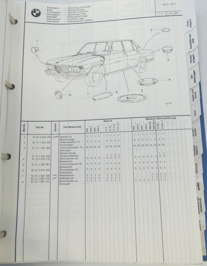 BMW 2500, 2800, 3.0S parts catalogue
