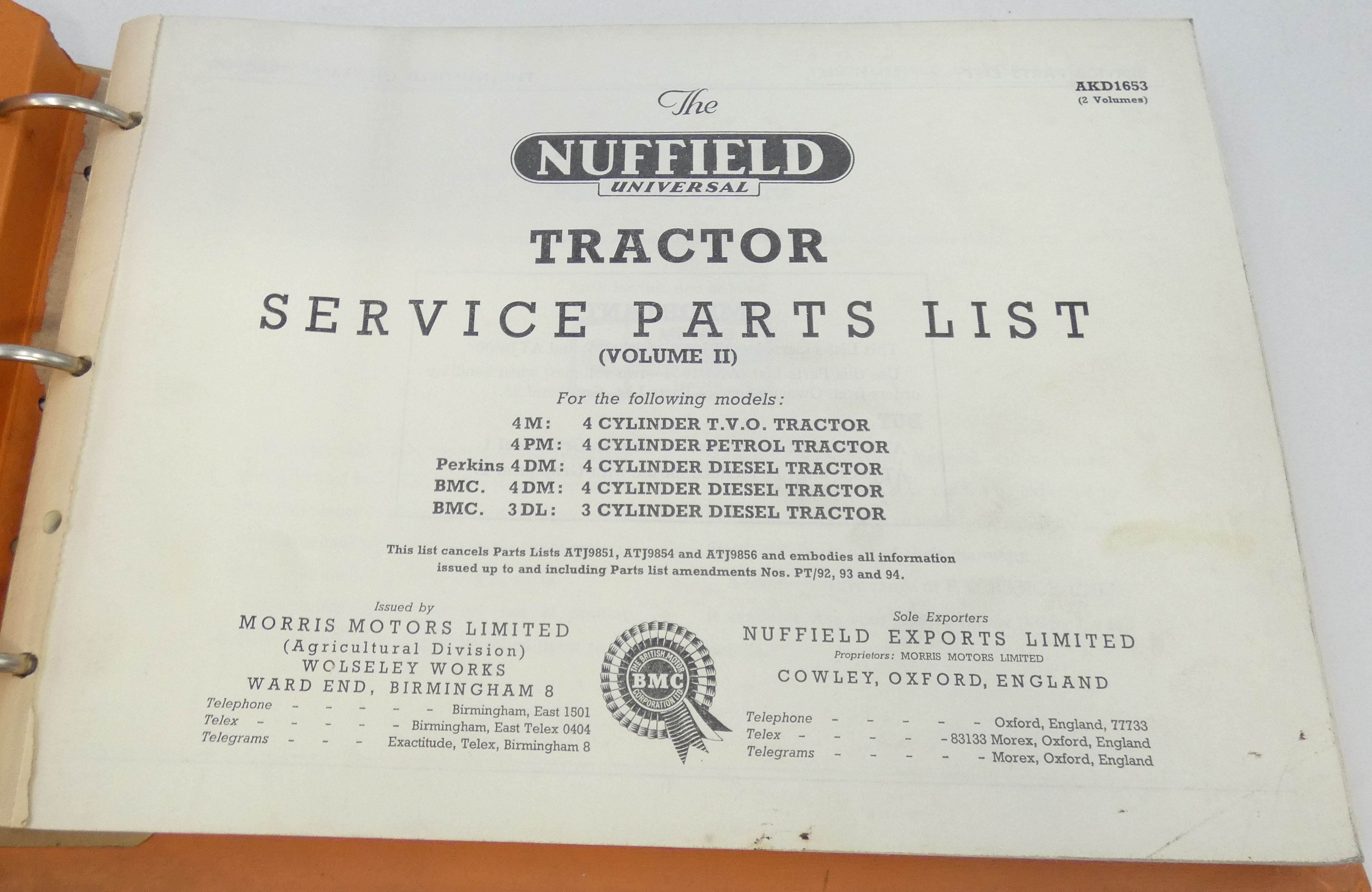 Nuffield Universal tractor 4DM, 3DL, 4PM, 4M, 4DM service parts list volume II