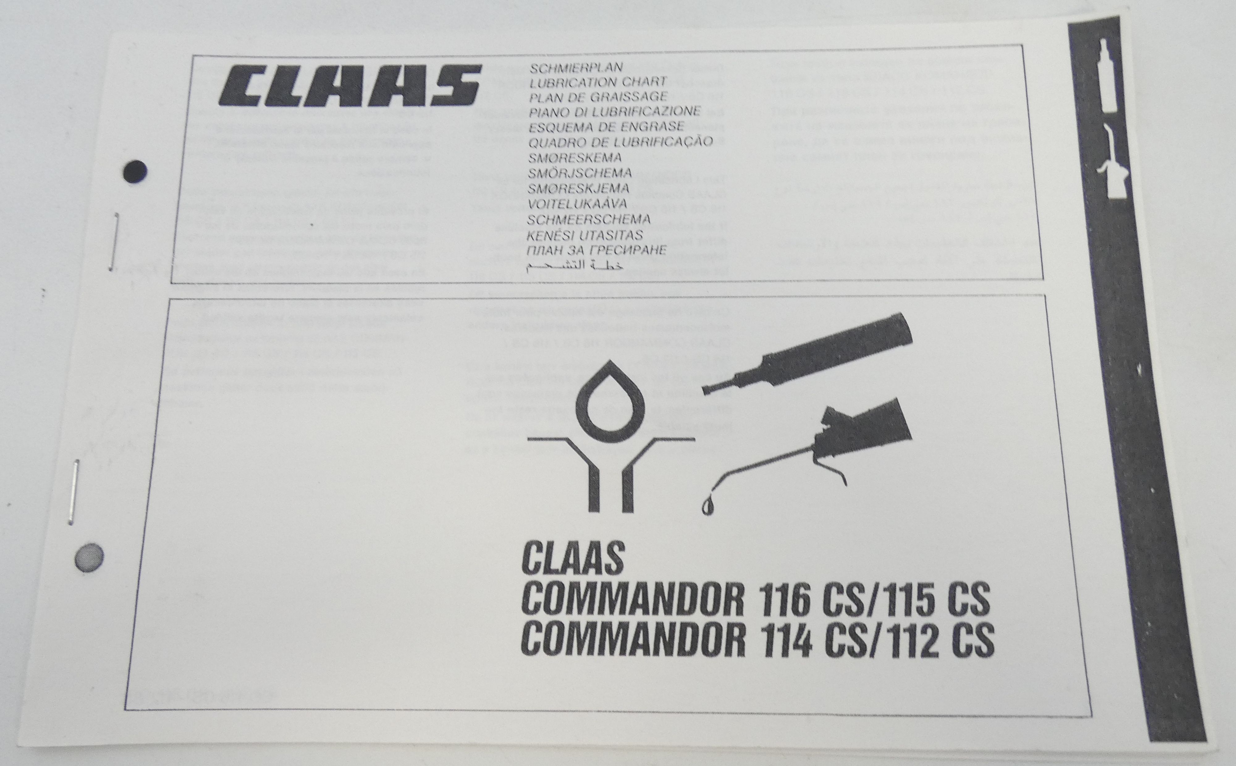 Claas Commandor 116CS/115CS/114CS/112CS lubrication chart