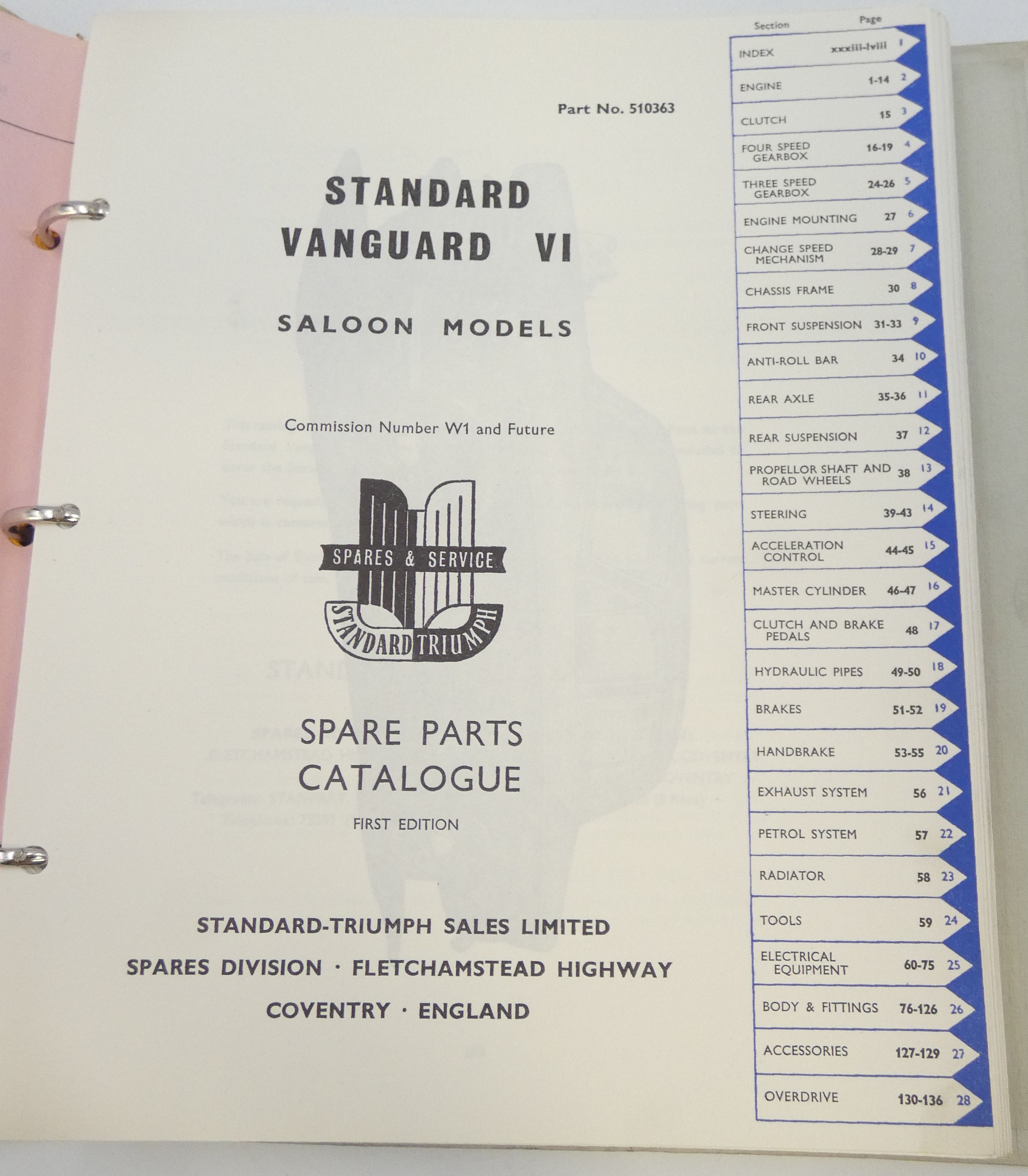 Standard Vanguard Six spare parts list